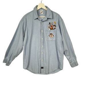 Warner Brothers Looney Tunes Shirt Mens M Denim Vtg Blue Embroidered Cartoon Y2K